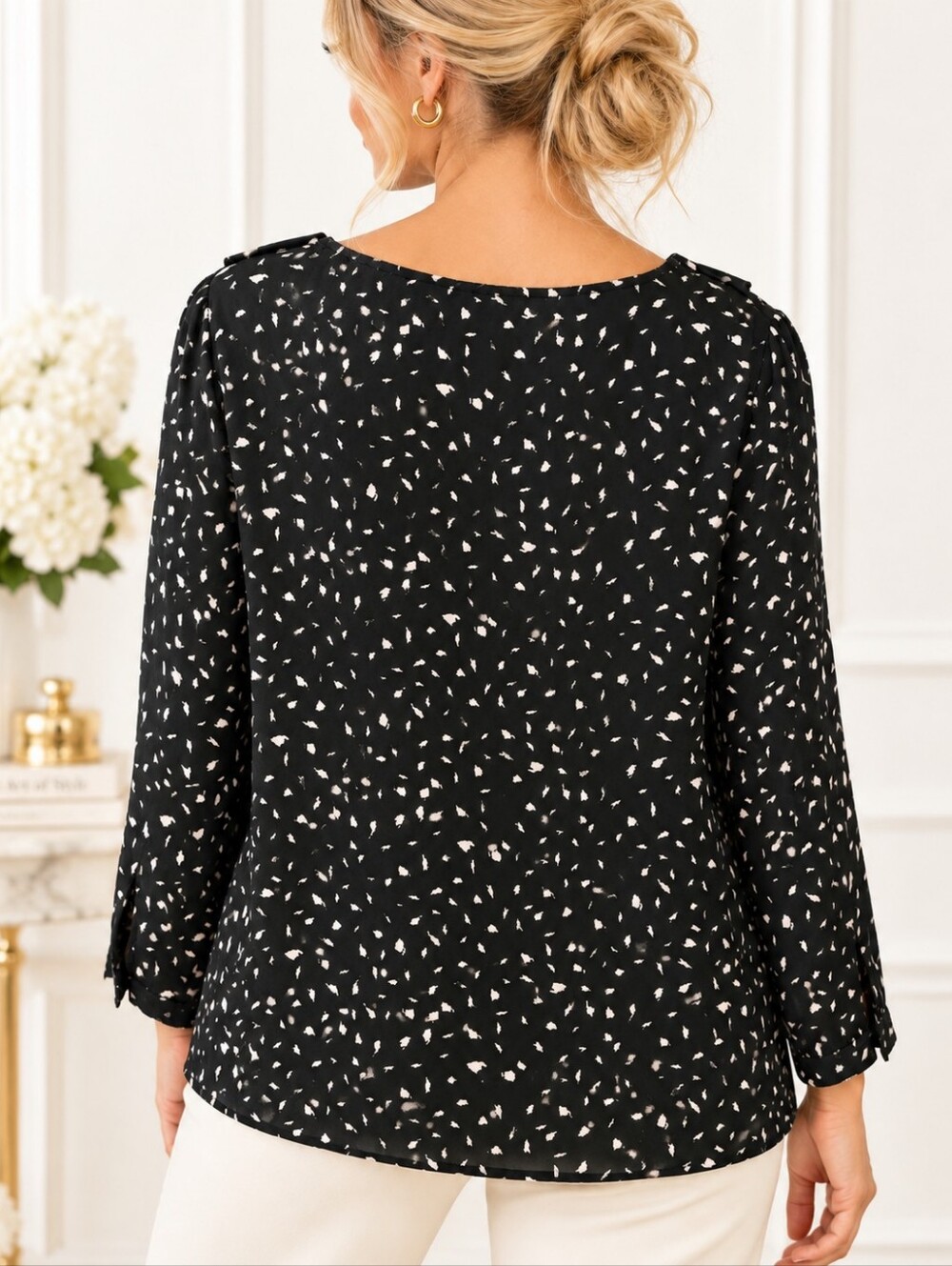 LOFT Black Ivory Abstract Print Ruffle Blouse Long Sleeve | Size Medium - Picture 2 of 9